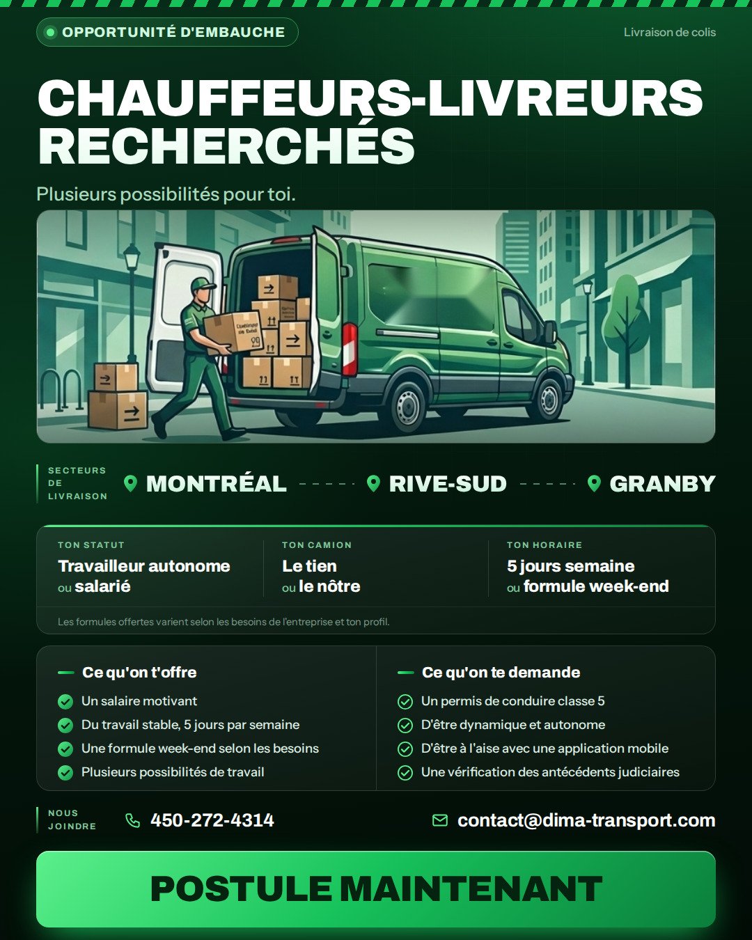 Affiche de recrutement DIMA Livraison — chauffeurs-livreurs recherchés à Montréal, Rive-Sud et Granby